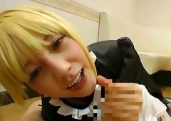 POV video with blond Japanese girl sucking a purple pole