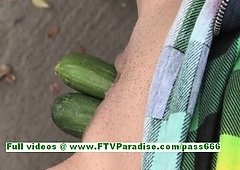 Hayley cute red head babe stroking pussy using a cucumber