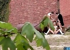 Masked studs hunt a blonde down and fuck her