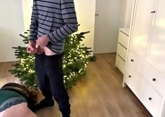 Mother-in-law bent over the Christmas tree doggy style and received hot cum on her ass