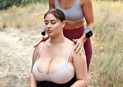 Teen Lina Massages Lizas Shoulders Outdoors